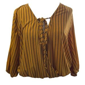 VTG My Emblem Blouse Black tan Stripe Wrap TopTie Front Elastic Waist 3/4 Sleeve